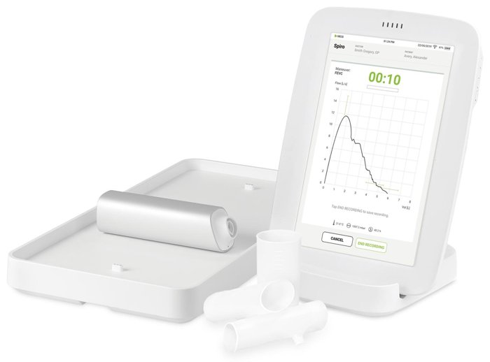 Appareil MESI mTABLET SPIRO avec son capteur, ses embouts et sa tablette