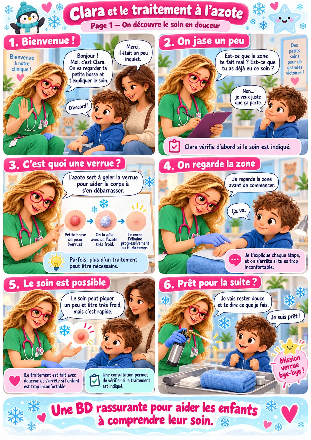 Bande dessinée « Clara et le traitement à l’azote », page 1 : Clara accueille un petit garçon et sa maman, pose quelques questions, explique ce qu’est une verrue et comment l’azote très froid aide le corps à s’en débarrasser, regarde la zone et explique le soin avant de commencer. Le texte complet est disponible sous la BD.
