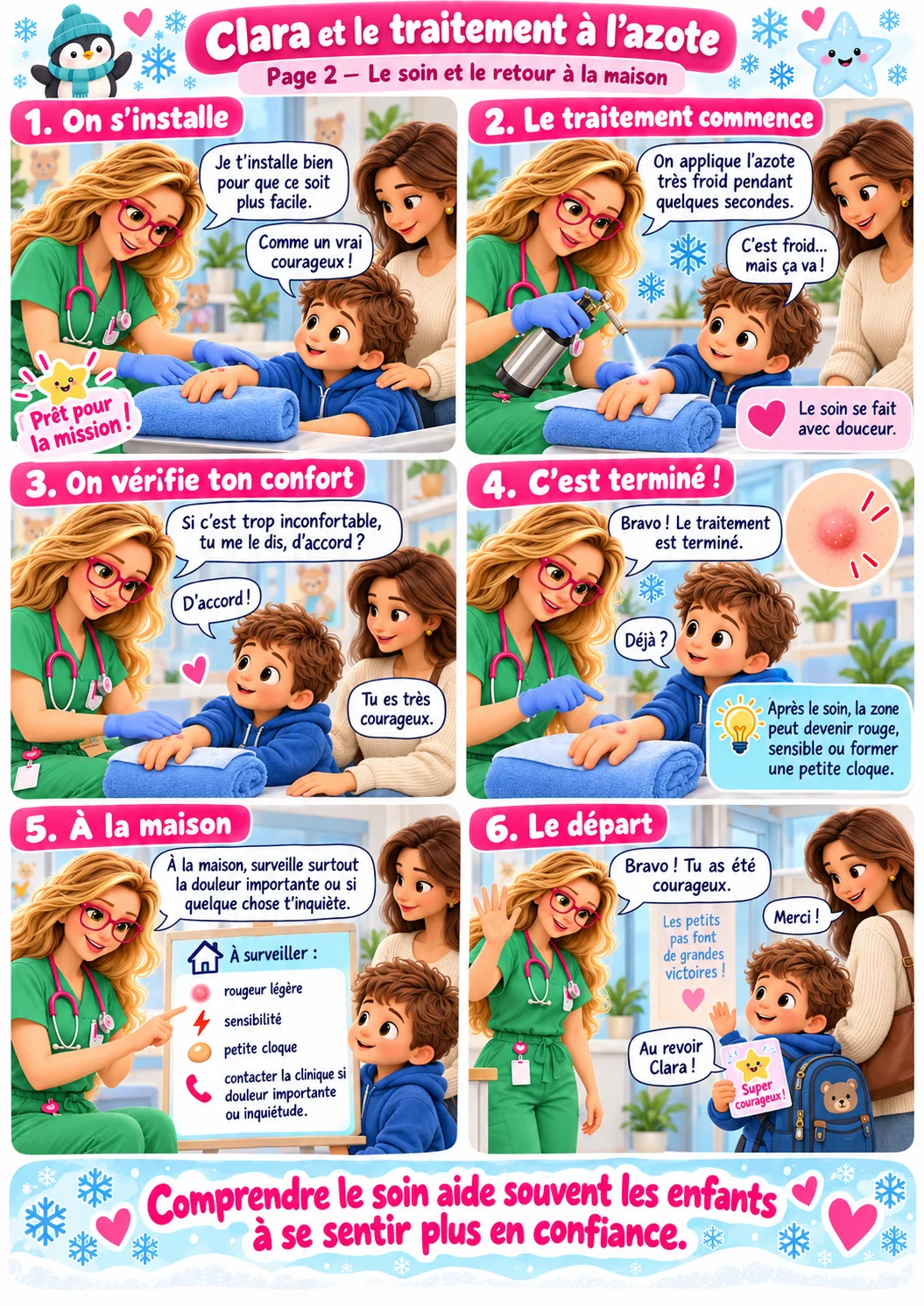 Bande dessinée « Clara et le traitement à l’azote », page 2 : le petit garçon est installé, Clara applique l’azote très froid quelques secondes en vérifiant son confort, explique que la zone peut rougir ou former une petite cloque, montre quoi surveiller à la maison et le félicite au départ. Le texte complet est disponible sous la BD.