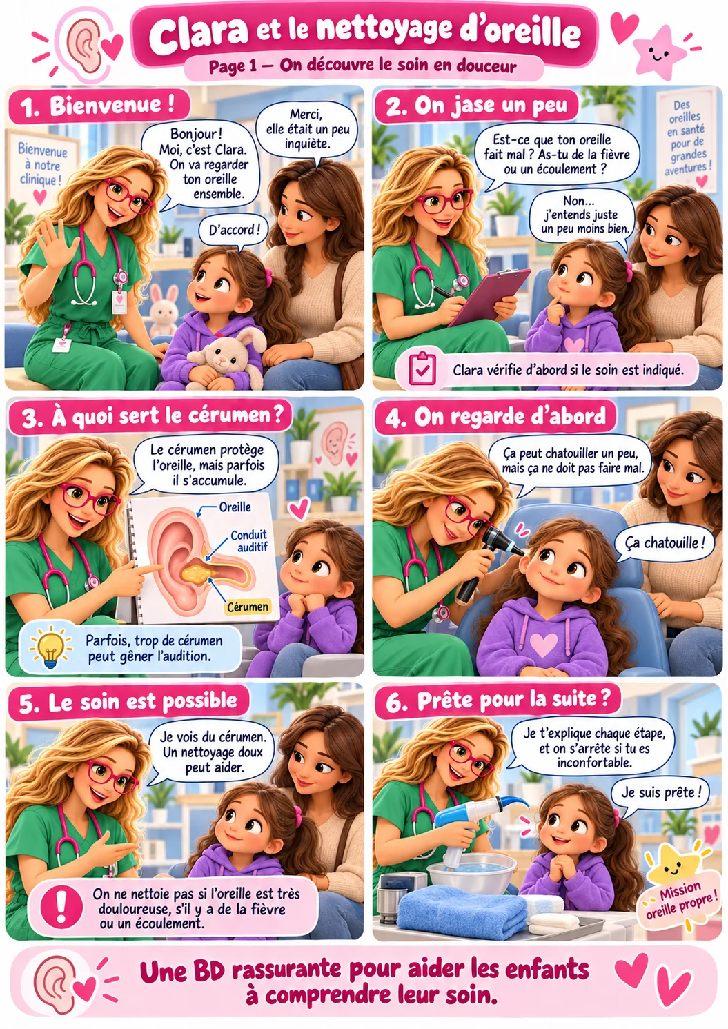 Bande dessinée « Clara et le nettoyage d’oreille », page 1 : Clara accueille une petite fille et sa maman, pose quelques questions, explique à quoi sert le cérumen, regarde l’oreille et explique le soin avant de commencer. Le texte complet est disponible sous la BD.
