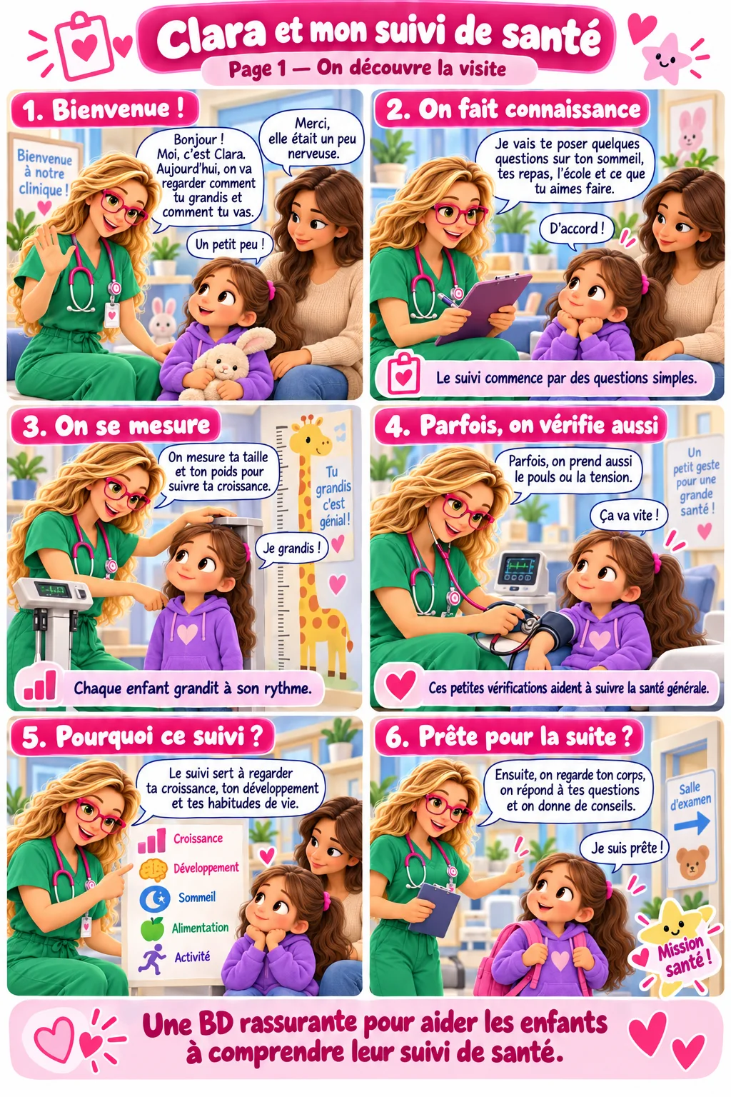 Bande dessinée « Clara et mon suivi de santé », page 1 : Clara accueille une petite fille et sa maman, pose des questions sur son quotidien, mesure sa taille et son poids, prend parfois le pouls ou la tension et explique à quoi sert le suivi. Le texte complet est disponible sous la BD.