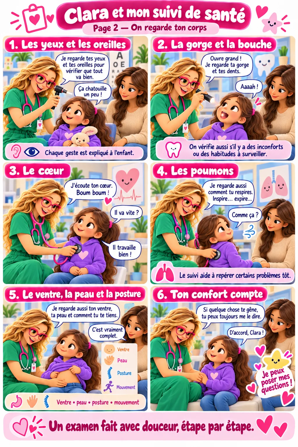 Bande dessinée « Clara et mon suivi de santé », page 2 : Clara examine avec douceur les yeux, les oreilles, la gorge, le cœur, les poumons, le ventre, la peau et la posture, en expliquant chaque geste. Le texte complet est disponible sous la BD.