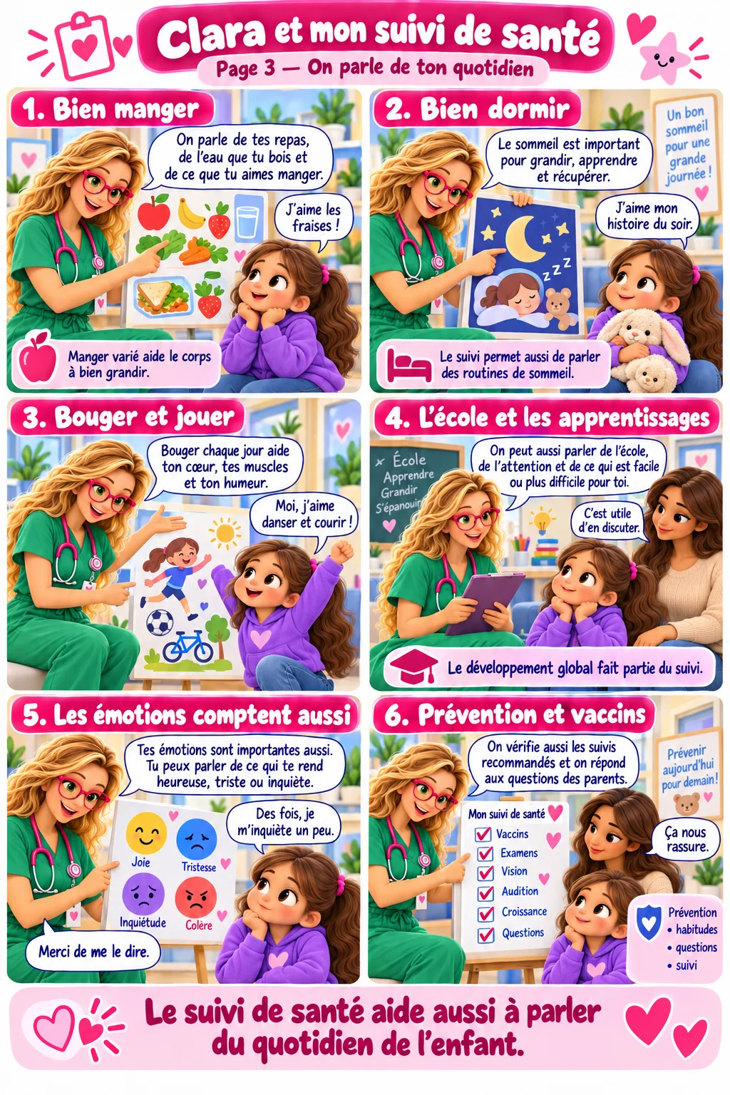Bande dessinée « Clara et mon suivi de santé », page 3 : Clara parle avec la petite fille de ses repas, de son sommeil, de ses activités, de l’école, de ses émotions, puis de prévention et de vaccins avec la maman. Le texte complet est disponible sous la BD.