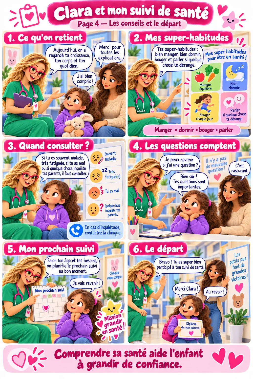 Bande dessinée « Clara et mon suivi de santé », page 4 : Clara résume la visite, présente les super-habitudes, explique quand consulter, rappelle que les questions comptent, planifie le prochain suivi et félicite la petite fille au départ. Le texte complet est disponible sous la BD.