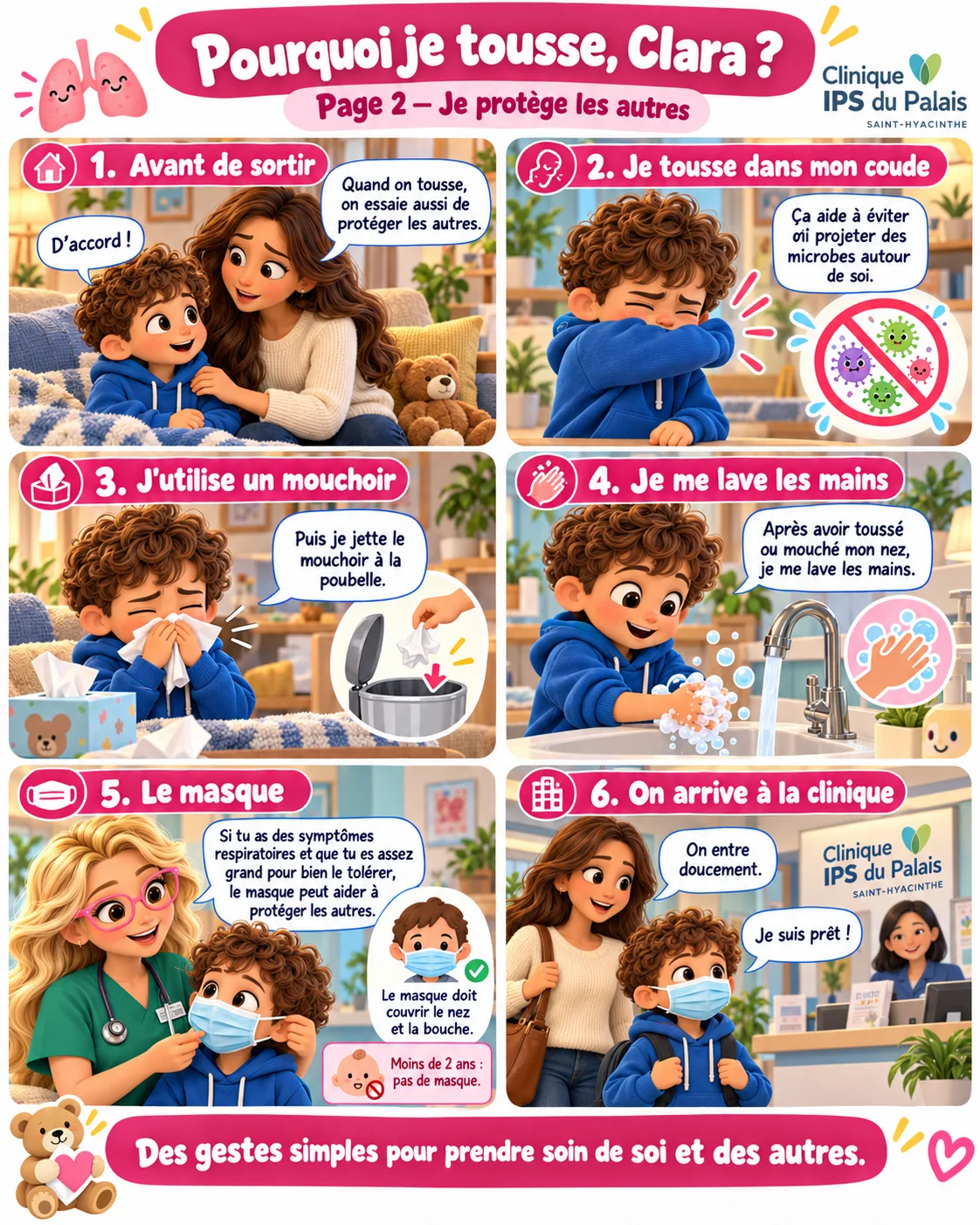 Bande dessinée « Pourquoi je tousse, Clara ? », page 2 : le petit garçon tousse dans son coude, utilise un mouchoir, se lave les mains et porte un masque en arrivant à la clinique. Le texte complet est disponible sous la BD.