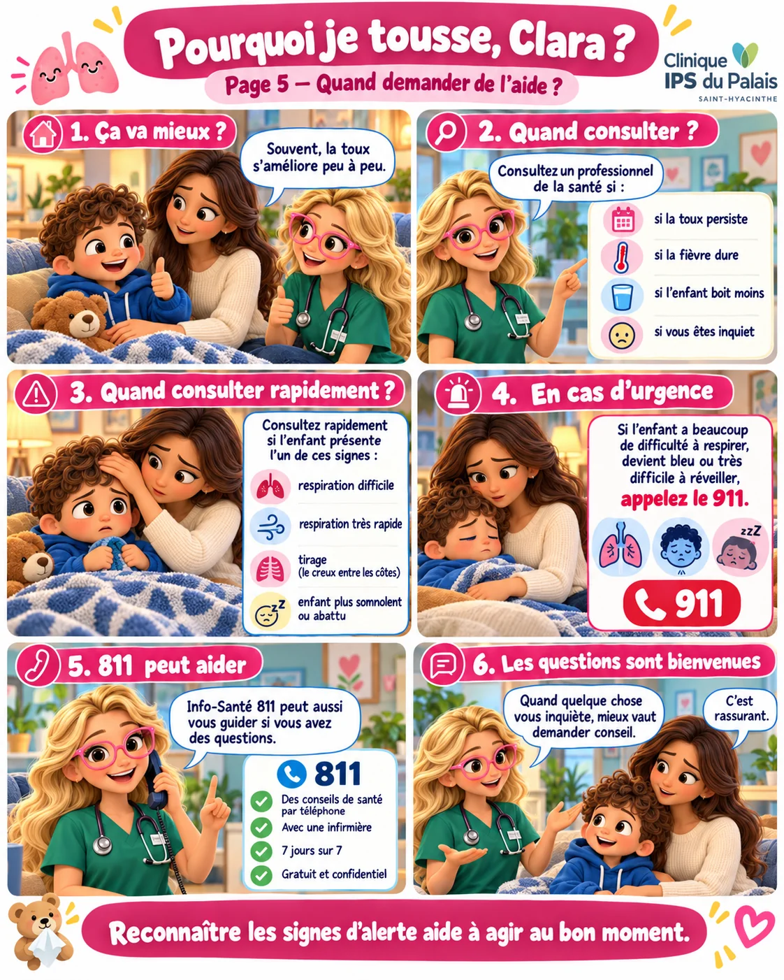 Bande dessinée « Pourquoi je tousse, Clara ? », page 5 : Clara explique quand consulter, quand consulter rapidement, quand appeler le 911 et comment Info-Santé 811 peut aider. Le texte complet est disponible sous la BD.