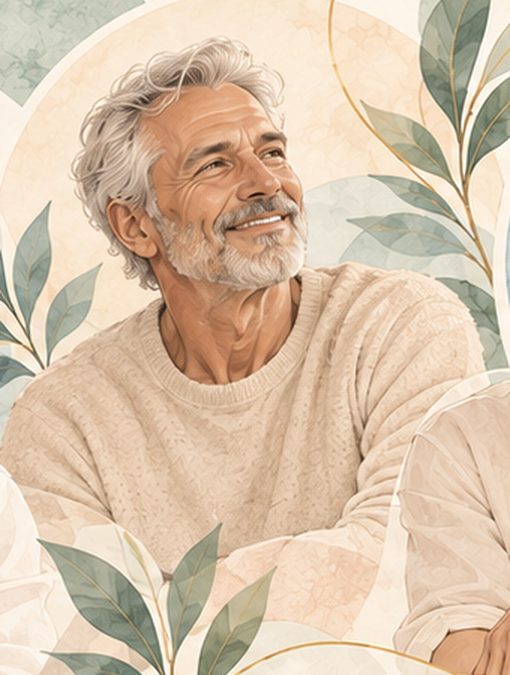 Illustration à l’aquarelle d’un homme âgé aux cheveux blancs, souriant