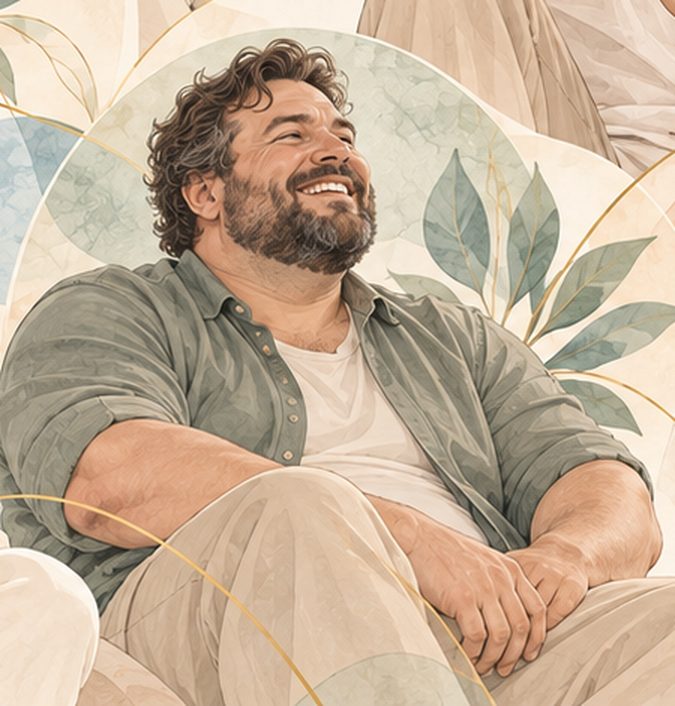 Illustration à l’aquarelle d’un homme barbu, souriant et détendu
