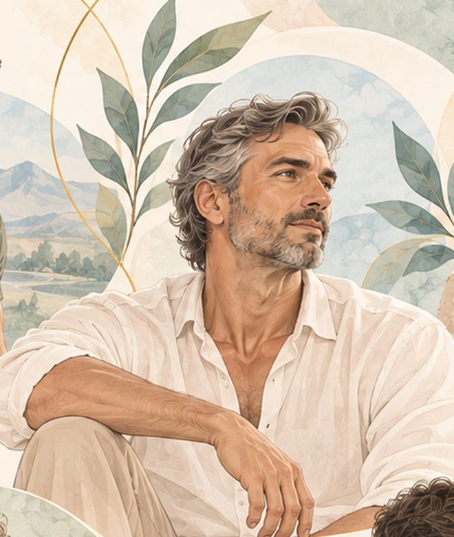 Illustration à l’aquarelle d’un homme serein, aux cheveux grisonnants, assis dans la nature