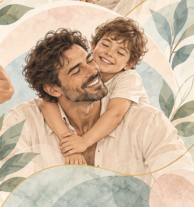Illustration à l’aquarelle d’un père souriant, son jeune fils accroché à ses épaules