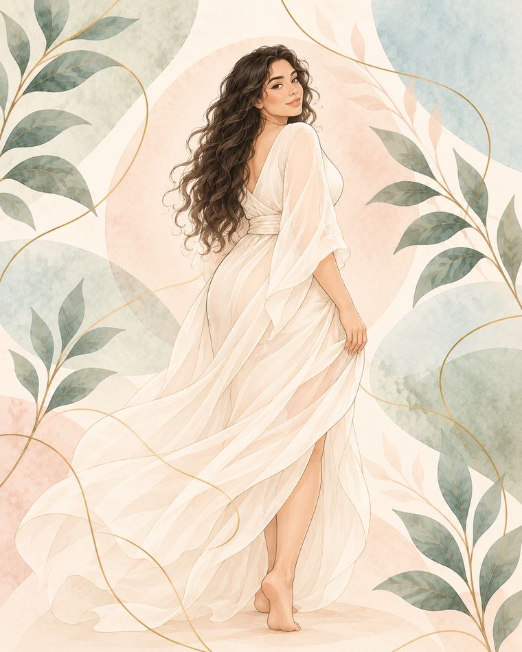 Illustration à l’aquarelle d’une femme qui regarde par-dessus son épaule en souriant