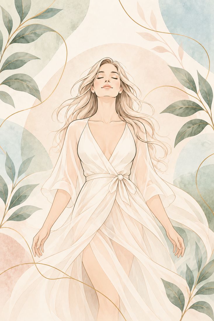 Illustration à l’aquarelle d’une femme sereine, les yeux fermés, entourée de feuillage