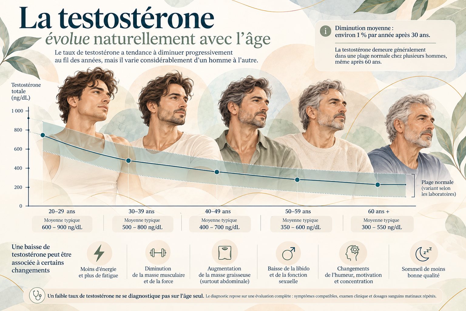 Infographie : la testostérone tend à diminuer graduellement avec l’âge, mais varie considérablement d’un homme à l’autre. Une baisse peut être associée à la fatigue, à une diminution de la masse musculaire, à une augmentation de la masse graisseuse, à une baisse de la libido, à des changements d’humeur et à un sommeil de moins bonne qualité. Un faible taux ne se diagnostique pas sur l’âge seul.