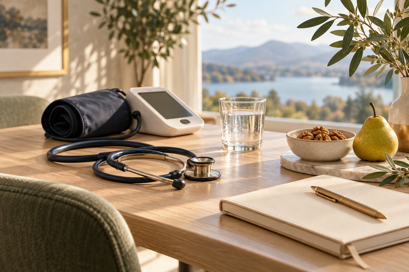 Table de consultation avec tensiomètre, stéthoscope, verre d’eau, noix, poire et carnet de notes, devant une fenêtre donnant sur un lac